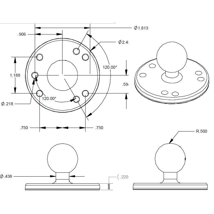 RAM-B-202U - RAM Mounts Round Plate with 1” Ball - Image 3