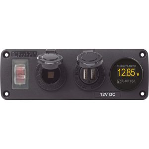 Blue Sea 4366 Water Resistant Accessory Panel – 15A Circuit Breaker, 12V Socket, Dual USB Charger, Mini Voltmeter